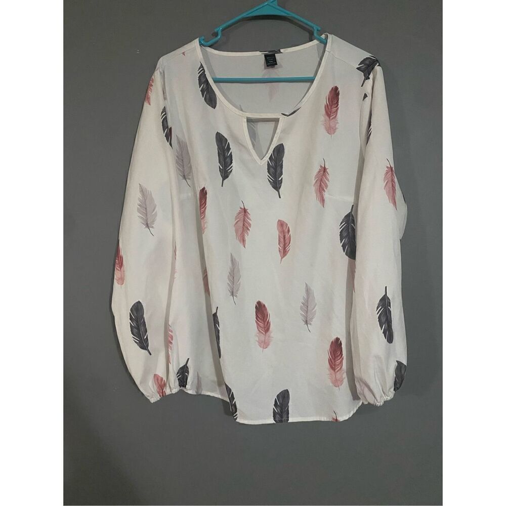 Shein White Feather Print Long Sleeve Size 1X